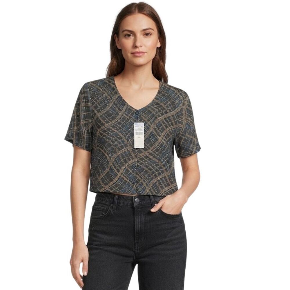 WHITE STAG Plaid Wave Printed Cropped Short Sleeve Button Front Top Large